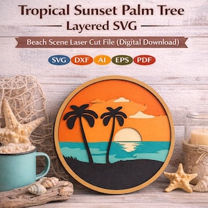 Tropisk solnedgång palmträd lager SVG: Strandscen laserskuren fil (digital nedladdning)