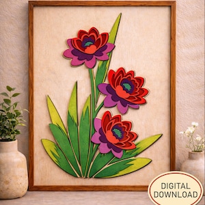 May include: A wooden framed wall art piece featuring a floral design. The artwork showcases three layered flowers in shades of red, purple, and orange, with green leaves. The words "DIGITAL DOWNLOAD" are in a circle.