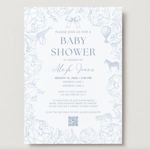 Blue Baby Shower Invitation, Customizable Printable PDF Digital Download, Floral/Animal/Modern/Feminine Design