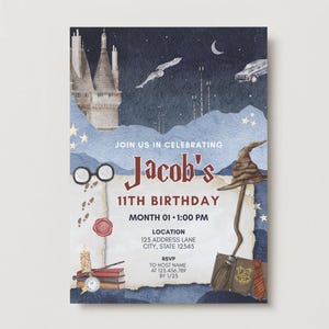 Scarlet Wizard Birthday Invitation, Customizable Printable PDF Digital Download, Watercolor/Wizarding School/Magical Design