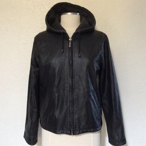 Vintage Reversible Black Leather Hoodie Jacket Sweathirt Style Zip-Front Hooded