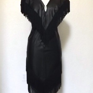 Vintage Black Leather Dress with Long Fringe and Art Deco Jeweled Neckline