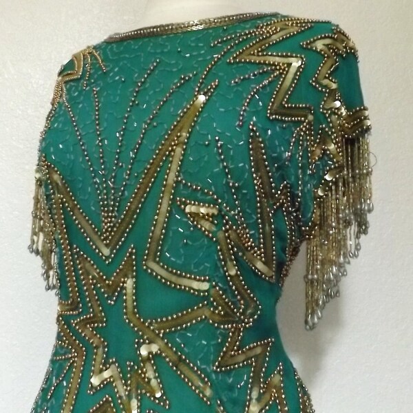 Jahrgang 90er Jahre tut 20er Jahre Flapper Stil Smaragdgrün Seide Kleid Perlen-Perlen Fransen