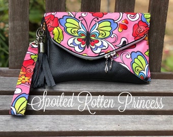 Handmade Pink Butterfly and Roses Tatoo Clutch Purse with Black Grain Leather