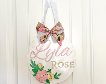 Personalized Wooden Nursery Name Sign – Floral & Bow Baby Room Decor