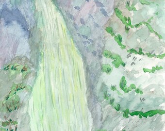 Puede incluir: Pintura a la acuarela de una cascada que desciende por un acantilado rocoso. El agua es de un verde claro y brillante, que contrasta con los tonos grises y morados de las rocas. El follaje verde acentúa la escena, creando un paisaje sereno.