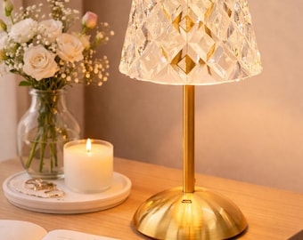 Lampada da tavolo a LED in cristallo dorato – Luce notturna ricaricabile al tocco