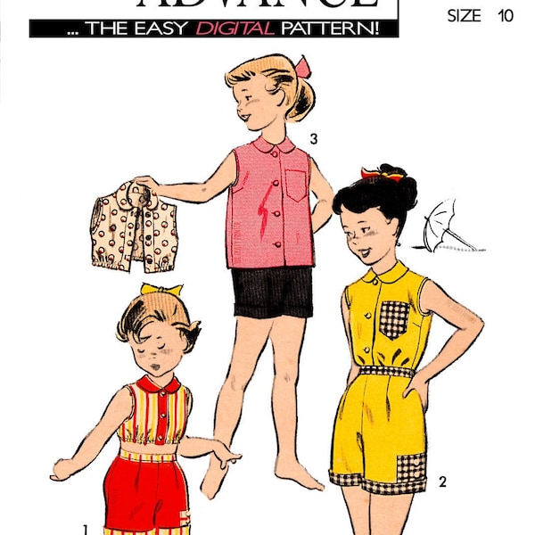 Advance 8304 Size 10 - Three-Piece Play Outfit - Shirt, Midriff Top, & Shorts - 1950s Sewing Pattern - PDF digital download