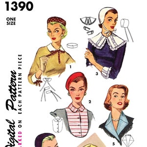 May include: A vintage sewing pattern for collars and hats. The pattern includes five different styles of collars and three different styles of hats. The pattern is marked with numbers 1 through 5. The pattern is for one size.