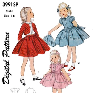 Size 1-6 - 1950 Girls Dress, Apron, Pinafore, Bonnet - Child, Toddler, Kids - DIGITAL Sewing Pattern