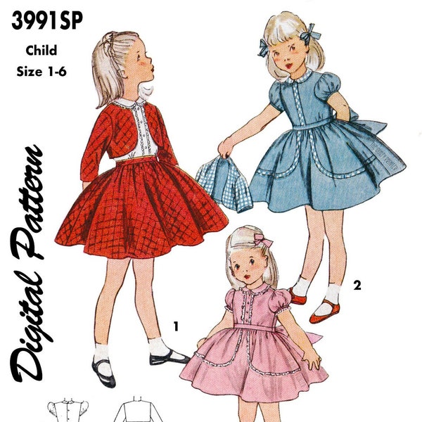 Simplicity 3991 - Size 1-6 - 1950 Girls Dress, Apron, Pinafore, Bonnet - Child, Toddler, Kids - DIGITAL Sewing Pattern