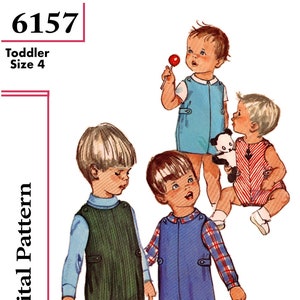 May include: A vintage sewing pattern for toddler overalls. The pattern number is 6157 and the size is 4. The pattern shows four illustrations of toddlers wearing different styles of overalls. The pattern is available as a digital download in PDF and ZIP formats.