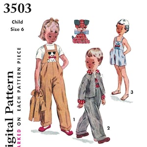 Op de afbeelding: Een vintage naaipatroon voor kinderkleding. Het patroon bevat drie ontwerpen: een broek met bretels met een hond-applicatie, een set met een jas en broek en een gestreepte jurk. Het patroon is gemarkeerd met "3503" en "Kind Maat 6".