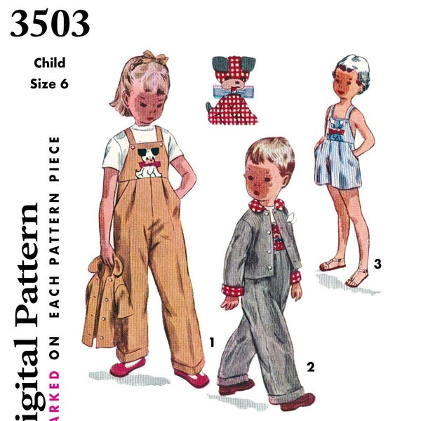 Simplicity 3503 - Size 6 - Overalls - 1950s Vintage Sewing Patterns PDF Girls Boy Unisex