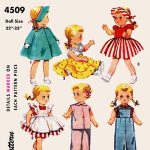 May include: A vintage sewing pattern for making doll clothes. The pattern includes five different outfits: a green coat, a yellow dress with flowers, a red and white striped dress, a white dress with a red and white striped apron, a plaid shirt and pants, and overalls. The pattern is for dolls that are 22 to 23 inches tall.