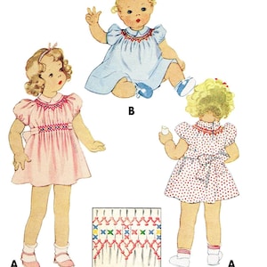 May include: A vintage sewing pattern for a child's dress with cross stitch smocking. The pattern includes three illustrations of girls wearing the dress in different colors and styles. The pattern is labeled "Digital Pattern 692MC Size 6 mos".
