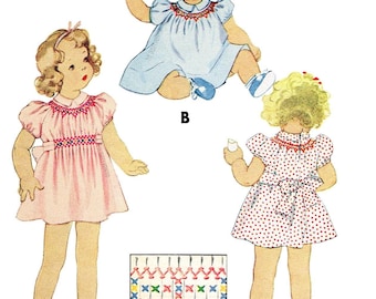 Size 6 months - Child's Dress with Cross Stitch Smocking - 1930s Vintage Sewing Patterns PDF