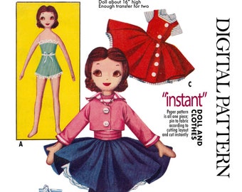 McCall's 2097 - Doll + Clothing Patterns (Skirt, Top, Dress, Jacket) PDF Sewing Pattern - 16” DOLL Pattern from 1950s