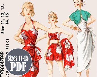 PDF - Vintage 1950s Pattern – Sarong Dress Vacation Tiki Dress from 1950s | Instantly Print at Home - Available sizes: 11, 12, 13, 14, 15
