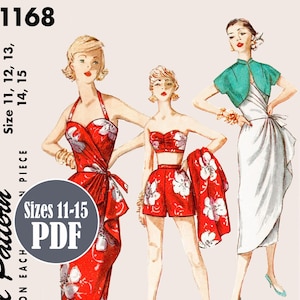 May include: A digital sewing pattern for a wrap dress, shorts, and top. The pattern is available in sizes 11-15 and is printed on each piece. The pattern is available as a PDF download.