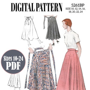 May include: A digital sewing pattern for a wrap skirt in sizes 10-24. The pattern includes four different views of the skirt, including a black skirt, a red and white patterned skirt, and a pink skirt. The pattern also includes instructions for sewing the skirt.