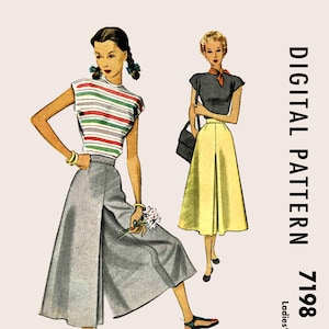 Könnte beinhalten: Ein digitales Schnittmuster für eine Culotte, mit zwei Illustrationen von Frauen, die das Kleidungsstück tragen. Das Schnittmuster ist für die Größen 24 bis 36 Zoll Taillenumfang. Der Text "DIGITAL PATTERN 7198" ist auf der rechten Seite des Bildes gedruckt.