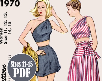 PDF - Vintage 1940s Pattern – Playsuit outfit Top, Shorts & Skirt | Instantly Print at Home - Available sizes: 11, 12, 13, 14, 15