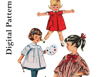 Butterick 9887 - Size 3 - 1960s Girls Art Smock Dress Pants - Child, Toddler, Kids - Digital Sewing Pattern - PDF Only!