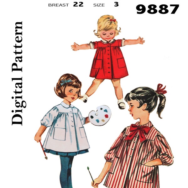 Butterick 9887 - Size 3 - 1960s Girls Art Smock Dress Pants - Kind, Kleinkind, Kinder - Digitales Schnittmuster - PDF Nur!