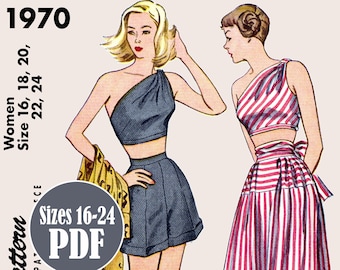 PDF - Vintage 1940s Pattern – Playsuit outfit Top, Shorts & Skirt | Instantly Print at Home - Available sizes: 16, 18, 20, 22, 24