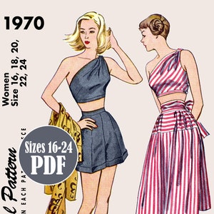 PDF - Vintage 1940s Pattern – Playsuit outfit Top, Shorts & Skirt | Instantly Print at Home - Available sizes: 16, 18, 20, 22, 24