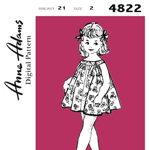 May include: A black and white illustration of a girl wearing a floral dress. The dress has a gathered neckline and a full skirt. The girl is standing with her legs crossed. The image is on a pink background. The text "Anne Adams Digital Pattern" is on the left side of the image. The text "Breast 21 Size 2 4822" is at the top of the image.