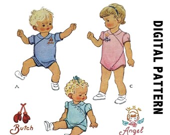 PDF - Boy & Girl’s Romper Size 1 from the 1940s with embroidery transfer design - Digital PDF Vintage Sewing Pattern
