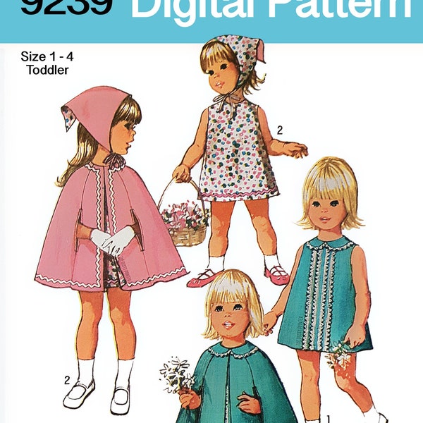 Simplicity 9239 - Size 1-4 - 1970 Girls Dress, Scarf, Reversible Cape - Child, Toddler, Kids - Vintage DIGITAL Sewing Pattern PDF ONLY