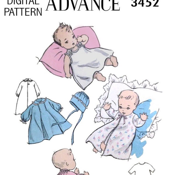 Advance 3452 - One Size - Baby Infant Sewing Pattern 1940s - Dress and Cap, Slip, Sleeper, Long and Short Kimono