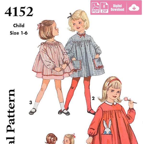 Simplicity 4152 - Size 1-6 - 1961 Girls Smock Dress - Child, Toddler, Kids - DIGITAL Sewing Pattern - PDF ONLY!