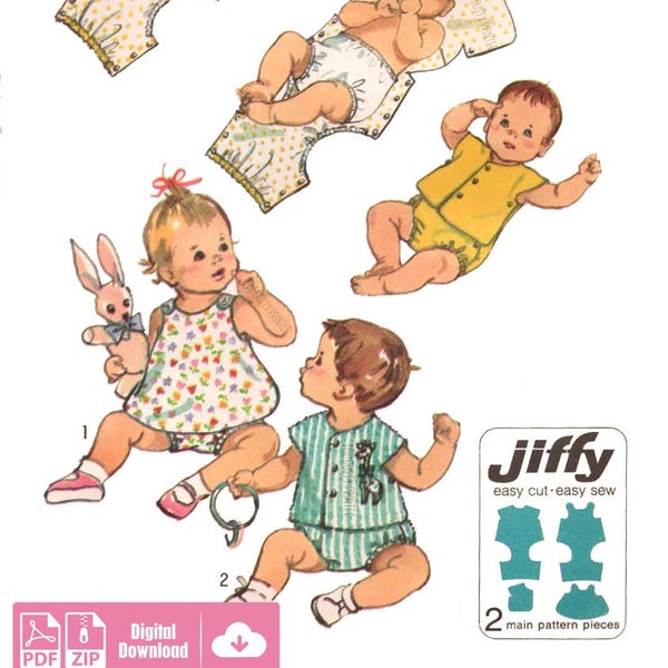 Simplicity 9338 - Vintage DIGITAL Pattern 1970s Jiffy Easy Newborn Baby's One Piece Snap On Suit Dress or Top and Shorts Onsie Style Newborn