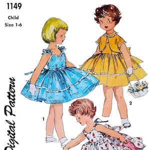 Simplicity 1149 Size 1-6 1955 Girls Dress Jacket Child, Toddler, Kids DIGITAL Sewing Pattern PDF Patterns image 1