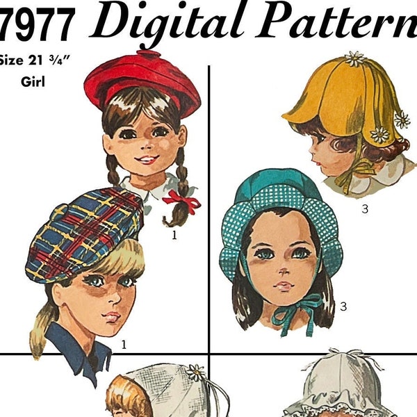 Simplicity 7977 - Vintage Sewing Pattern Size 21 3/4 inches - 1968 Hat, Beret, Kids Sewing Pattern - PDF ONLY!