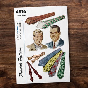 May include: Printed pattern featuring illustrations of men's ties and bow ties in various designs and colors. The image includes portraits of two men and the text "4816 One Size".