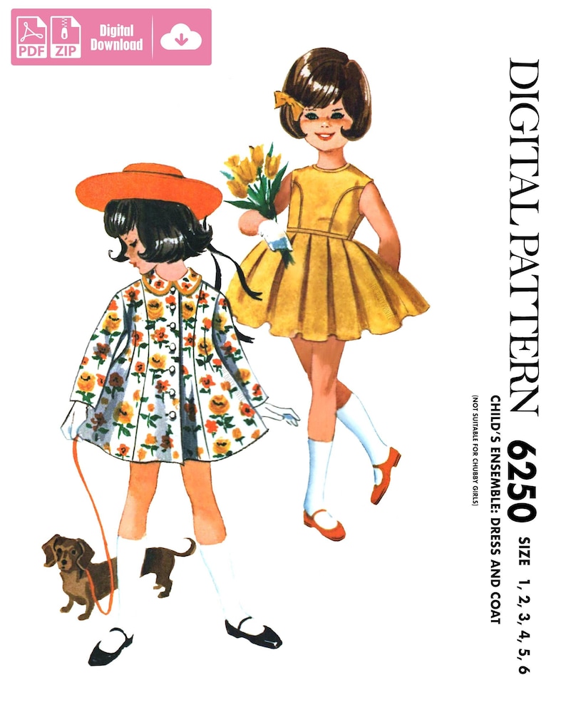 May include: A digital sewing pattern for a child's dress and coat ensemble. The pattern is for sizes 1-6 and features two girls wearing the outfits. The girl on the left is wearing a floral print dress and coat with a red hat and white socks. The girl on the right is wearing a yellow dress with white socks and holding a bouquet of yellow flowers.