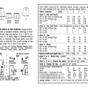 May include: A sewing pattern for a child's top and boxer shorts. The pattern includes instructions for three different views of the shorts, with varying lengths and hem allowances. The pattern also includes a chart with fabric requirements for different sizes.