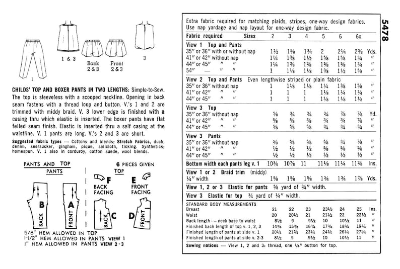 May include: A sewing pattern for a child's top and boxer shorts. The pattern includes instructions for three different views of the shorts, with varying lengths and hem allowances. The pattern also includes a chart with fabric requirements for different sizes.