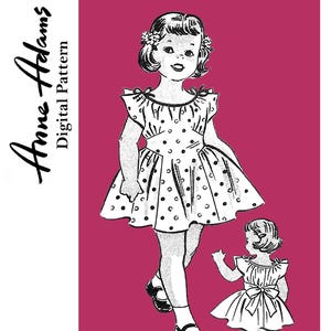 May include: Black and white illustration of a vintage children's dress pattern. The dress features a polka dot design and a bow in the back. The image includes the text "Anne Adams Digital Pattern" and the size is 2.