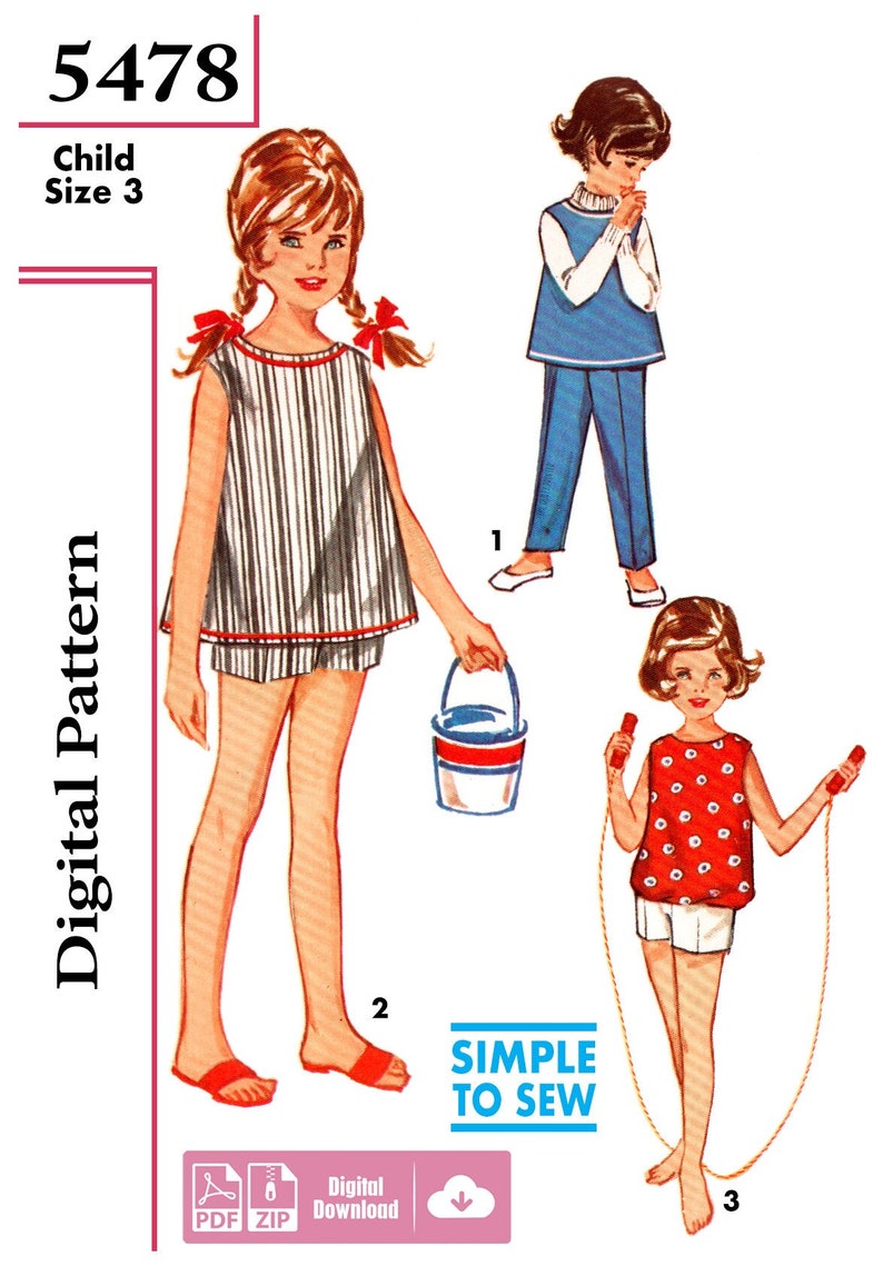 May include: A vintage sewing pattern for children's clothing. The pattern includes three different outfits: a striped sleeveless dress with shorts, a blue and white sweater with trousers, and a red and white polka dot top with shorts. The pattern is labelled "5478" and "Child Size 3".