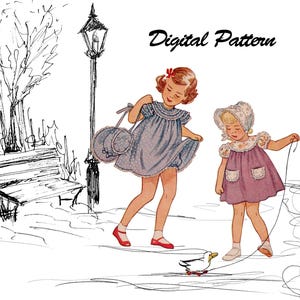 Peut inclure: Illustration de motif numérique de deux jeunes filles jouant dehors. L'une porte une robe bleue à pois et des chaussures rouges, avec un sac assorti. L'autre porte une robe rose et un bonnet, jouant avec une ficelle. Un canard sur un skateboard est également présent.