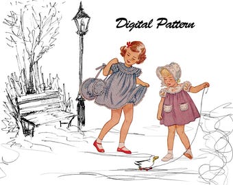 Size 3 - Classic Dress, Bloomers & Bonnet Pattern Lace Trim, Puffed Sleeves - 1940s Sewing Pattern - PDF digital download