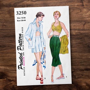May include: Vintage sewing pattern featuring illustrations of two women in retro outfits. The pattern, labeled "3250," includes sizing information for sizes 12-26 and bust measurements 30-44 inches. The printed pattern details are marked on each pattern piece.