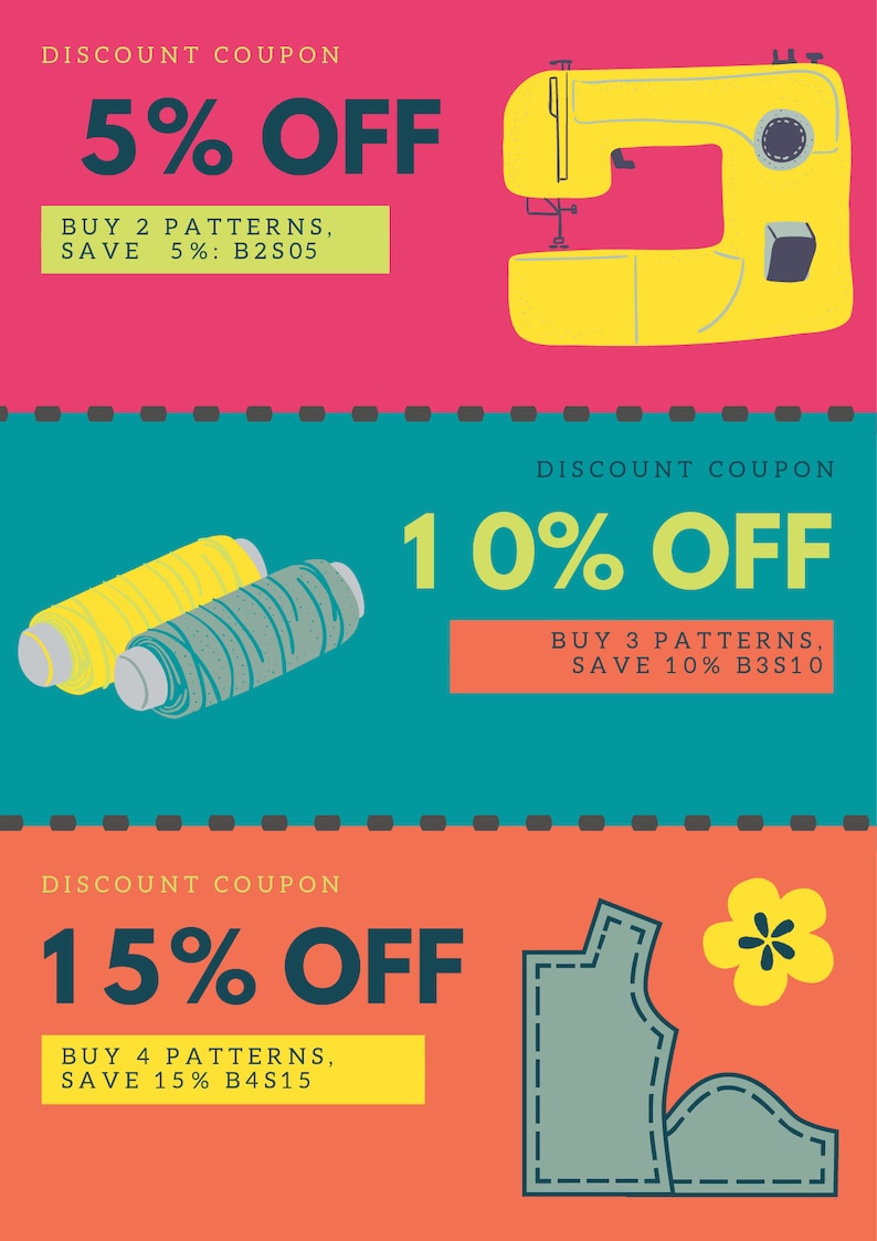 May include: Three discount coupons for sewing patterns. The first coupon offers 5% off when you buy 2 patterns, the second coupon offers 10% off when you buy 3 patterns, and the third coupon offers 15% off when you buy 4 patterns. The coupons feature illustrations of a sewing machine, spools of thread, and a sewing pattern.
