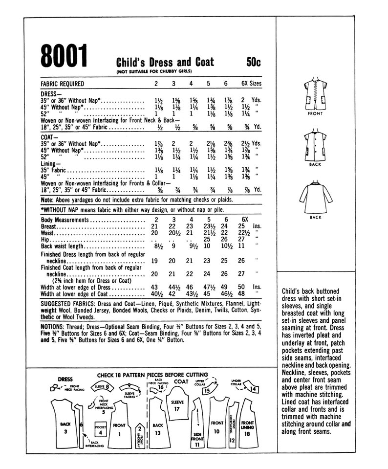 May include: A vintage sewing pattern for a child's dress and coat. The pattern includes instructions and diagrams for sizes 2-6X. The pattern is titled "Child's Dress and Coat" and is labelled "8001".